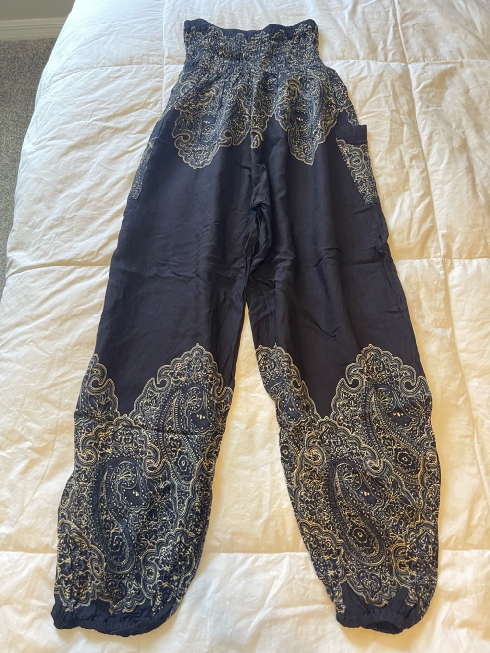 Black Smocked Waist Harem Pants